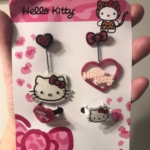 Hello Kitty & Friends Letter And Heart Decor Drop Earrings & Two Piece Ring Set